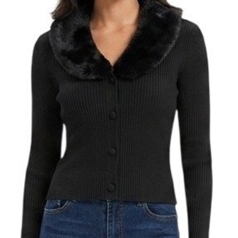 Grace Karin Black Rib Knit Faux Fur Removable Collar Long Sleeve Cardigan Medium